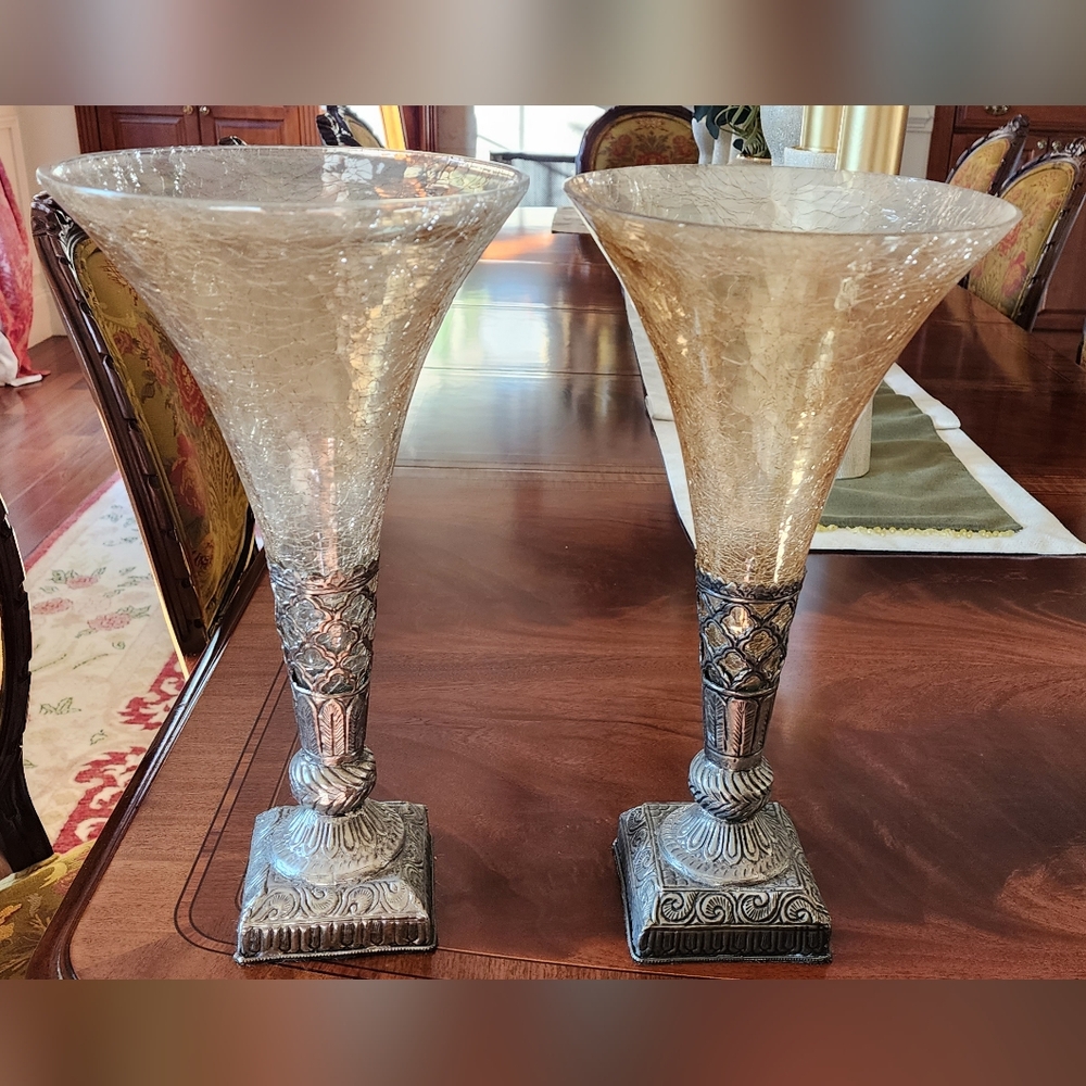 Elegant Crackle Glass Vases with Silver Accents